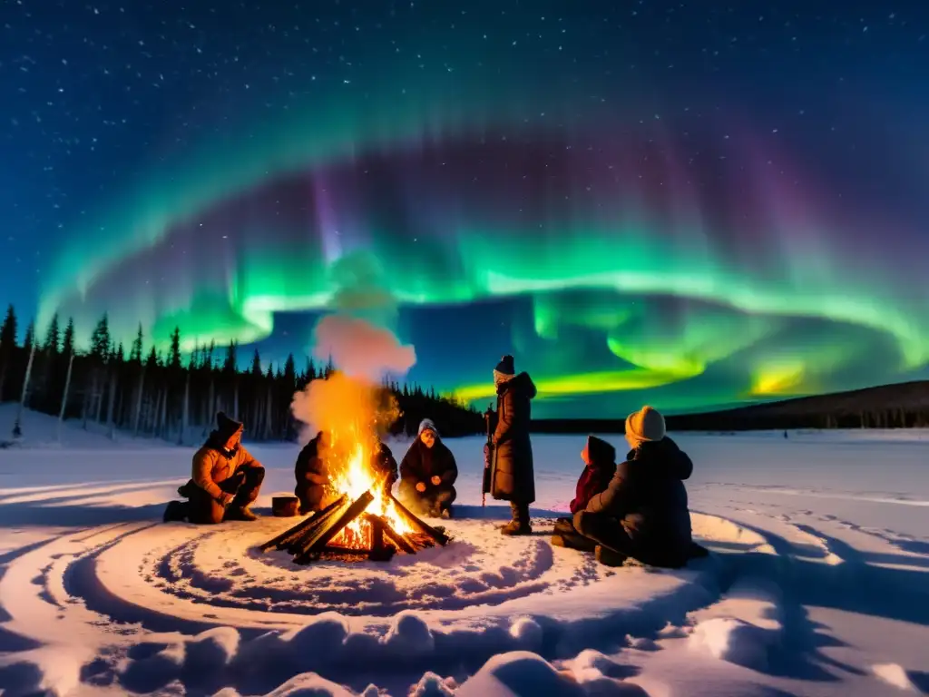 Grupo de personas realizando un ritual místico alrededor de una fogata en el bosque nevado, celebrando el solsticio de invierno con tradiciones místicas