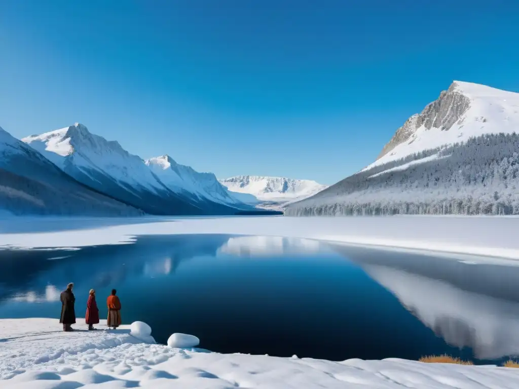 Un grupo de personas realizando el ritual nórdico de inmersión en agua helada en un paisaje nevado y sereno