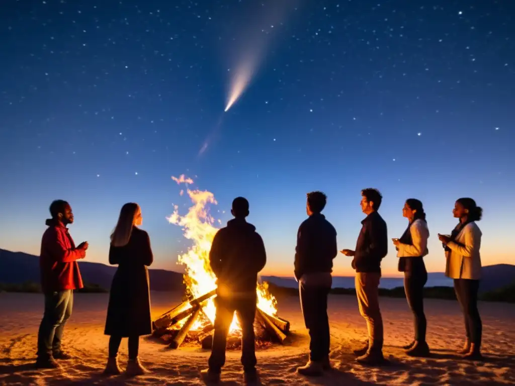 Un grupo de personas participa en un ritual de renacimiento espiritual alrededor de una fogata bajo el cielo estrellado