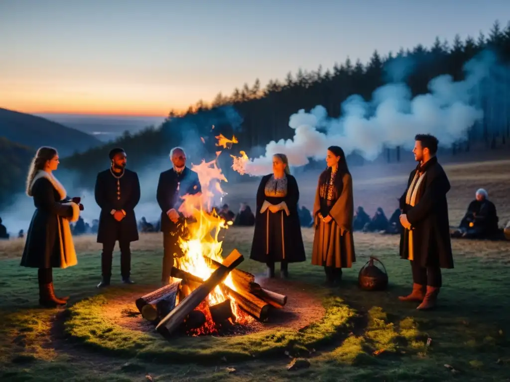 Grupo de personas en ritual de Samhain en el bosque, con fuego, velas y ofrendas, creando una atmósfera espiritual y mística