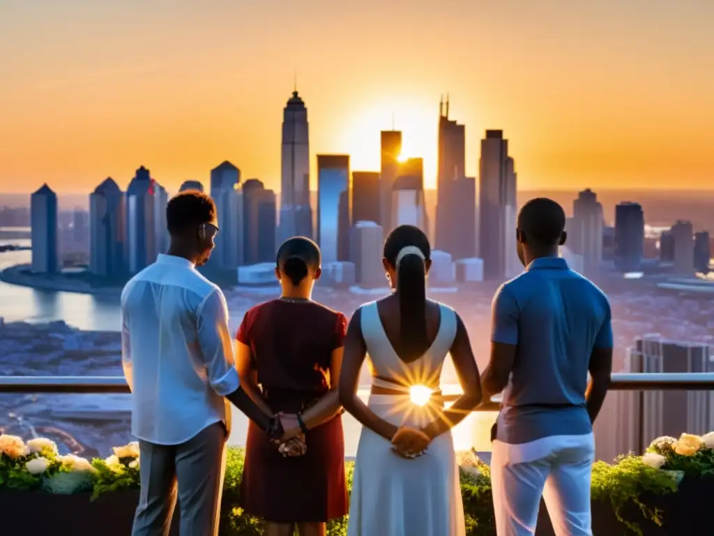 Ritual de unidad al atardecer: diversidad cultural en la era digital Un grupo de personas se reúne en un ritual solemne al atardecer, mostrando unidad y diversidad cultural