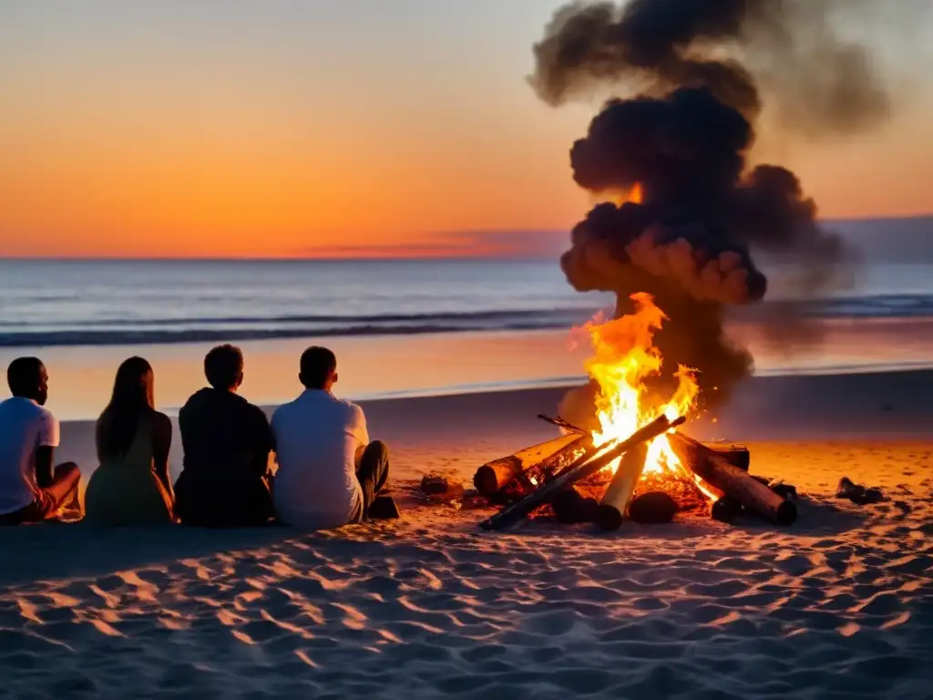 Grupo de personas en ritual de Solsticio de Verano alrededor de fogata en la playa al atardecer, rodeados de una atmósfera mística y comunitaria