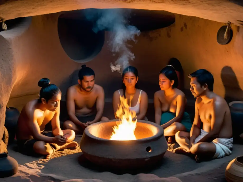 Un grupo de personas en un ritual de Temazcal, entre la vaporización, expresando reverencia y concentración