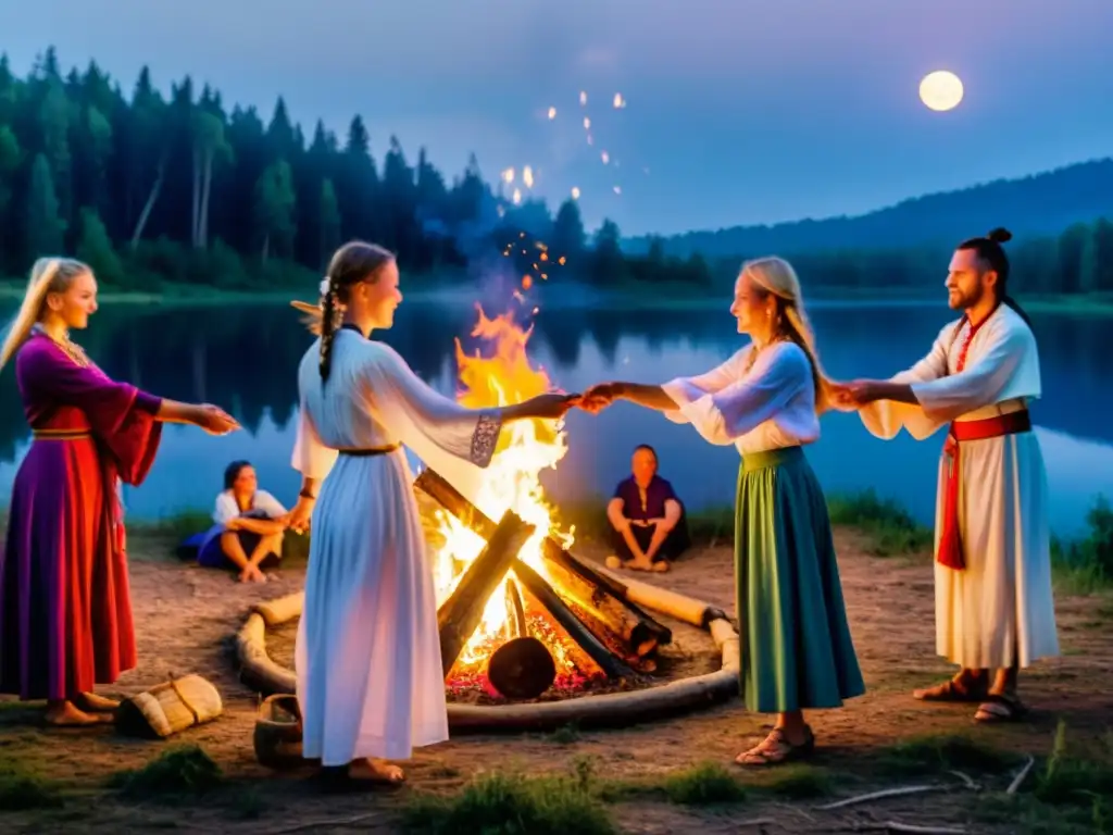 Grupo de personas realizando rituales eslavos de purificación alrededor de una fogata en la noche de Ivan Kupala en el bosque