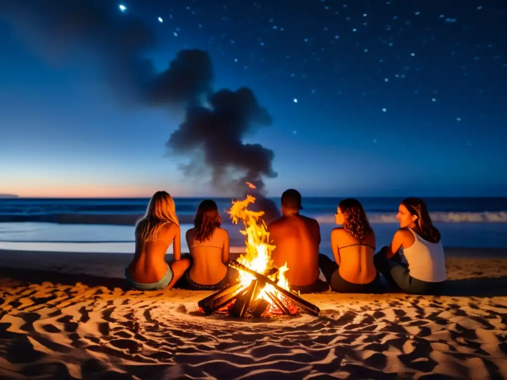 Un grupo de personas celebra rituales noche San Juan alrededor de una fogata en la playa, iluminados por el resplandor de las llamas