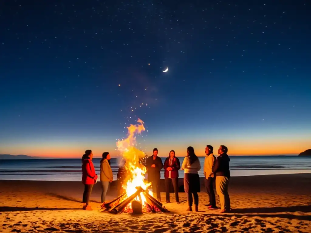 Un grupo de personas celebrando rituales mágicos noche San Juan alrededor de una fogata en la playa, bajo un cielo estrellado