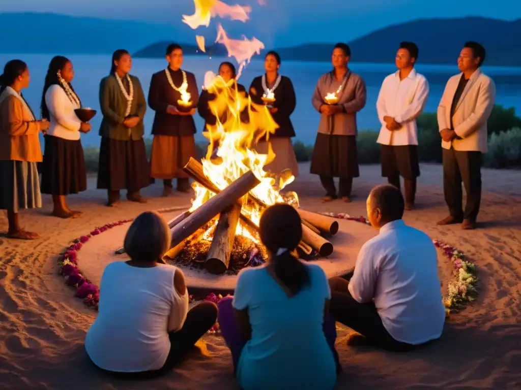 Grupo de personas realizando rituales para honrar la memoria alrededor de una fogata al atardecer, en una atmósfera reverente y sagrada