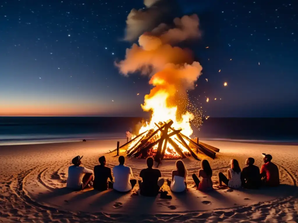 Grupo de personas celebra Rituales de la Noche de San Juan alrededor de una fogata en la playa, bajo un cielo estrellado