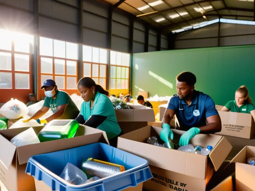 Un grupo de personas realiza rituales de reciclaje para transformar materiales, iluminados por la cálida luz del sol en el centro de reciclaje