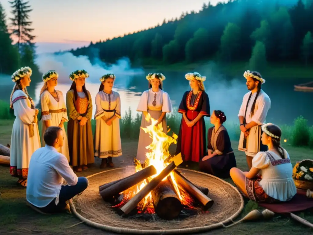 Un grupo de personas con ropa tradicional eslavas y coronas de flores en la cabeza celebrando Rituales eslavos de purificación alrededor de una fogata en un claro del bosque durante la Noche de Iván Kupala, creando una atmósfera mística