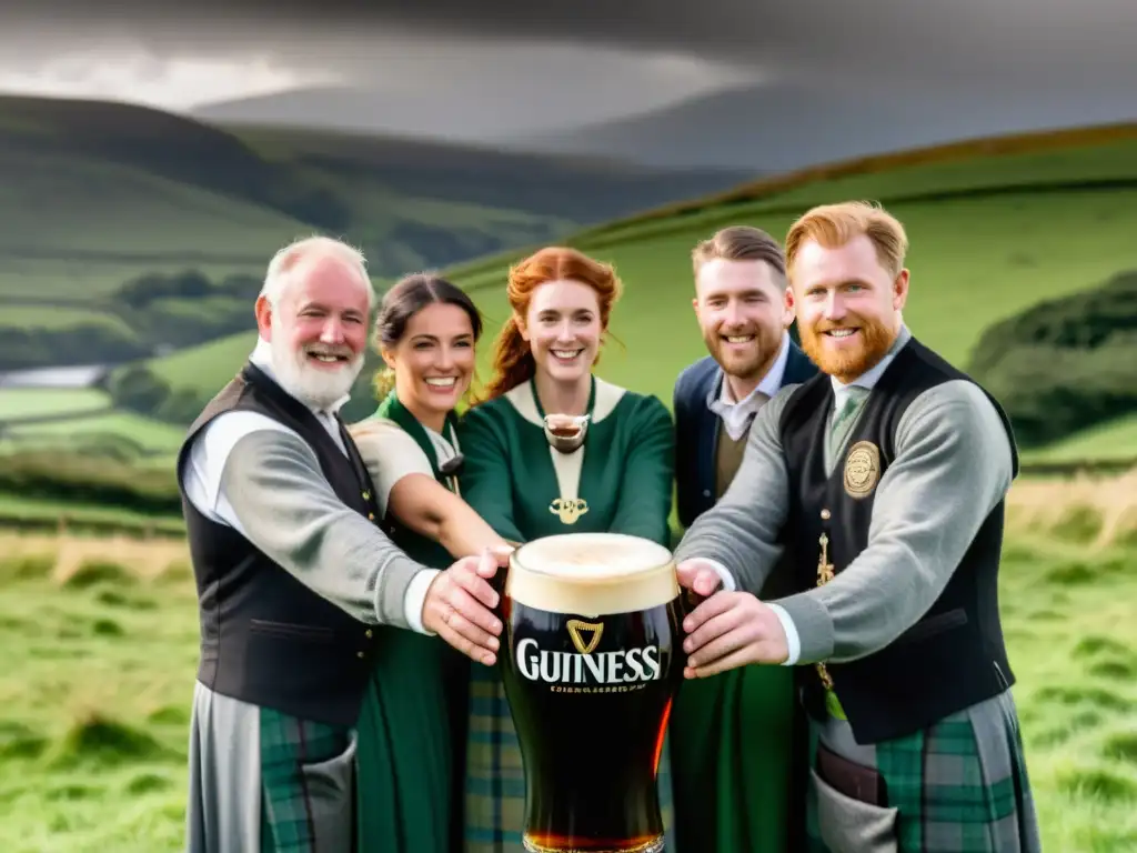 Un grupo de personas vistiendo ropa tradicional irlandesa realizando un ritual alrededor de una gran pinta de Guinness