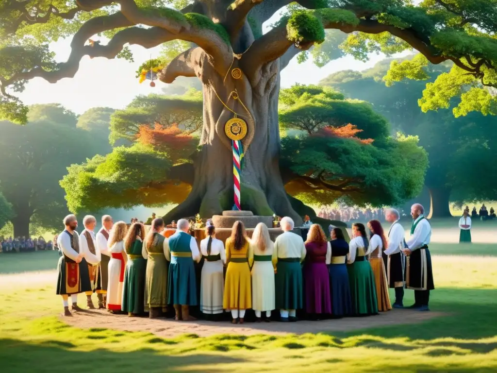 Un grupo de personas vistiendo ropa tradicional celta, rodeando un Árbol Sagrado en una ceremonia, con una atmósfera mística y encantadora