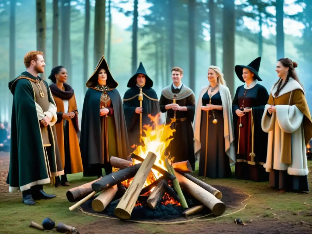 Ritual de Samhain: Celebración mística en el bosque Un grupo de personas celebra Samhain alrededor de una hoguera en el bosque, fusionando tradiciones celtas y prácticas contemporáneas