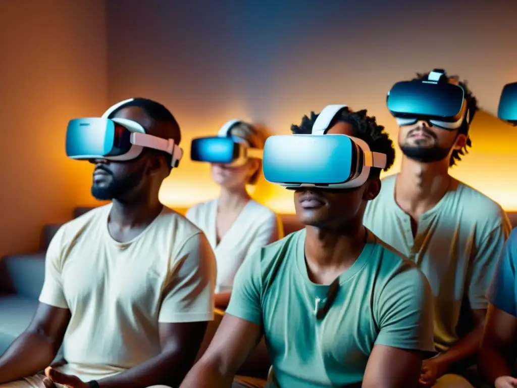 Un grupo de personas en una sesión de meditación virtual, fusionando rituales antiguos con la era digital