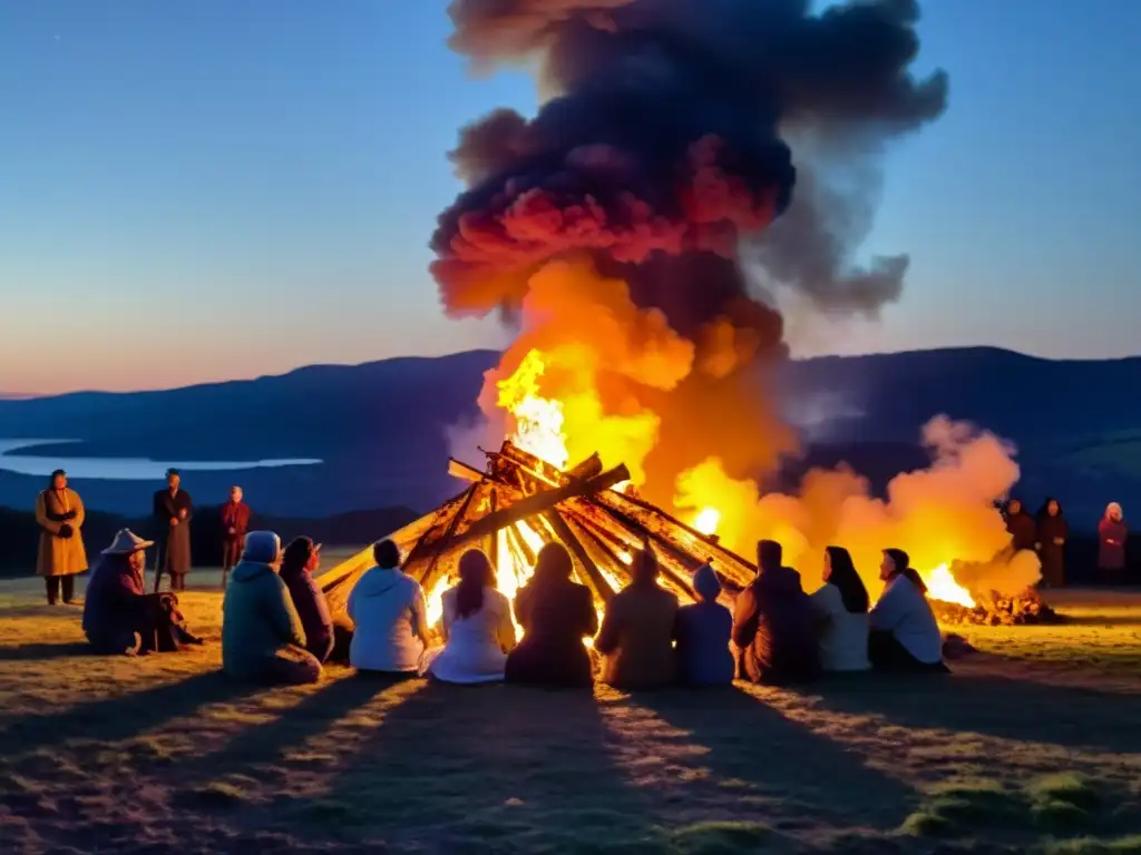 Grupo de personas celebrando el solsticio alrededor de una fogata, en un ritual con vestimenta tradicional y objetos simbólicos