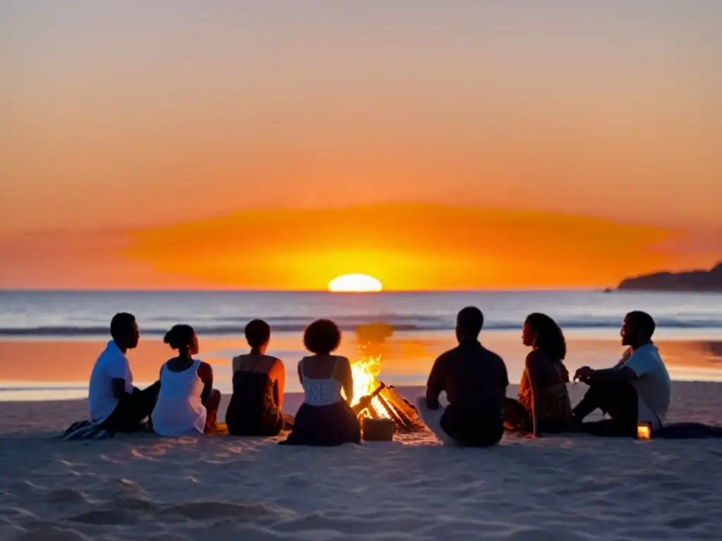 Grupo de personas celebra el solsticio de verano en la playa alrededor de una fogata, con la luz dorada del atardecer