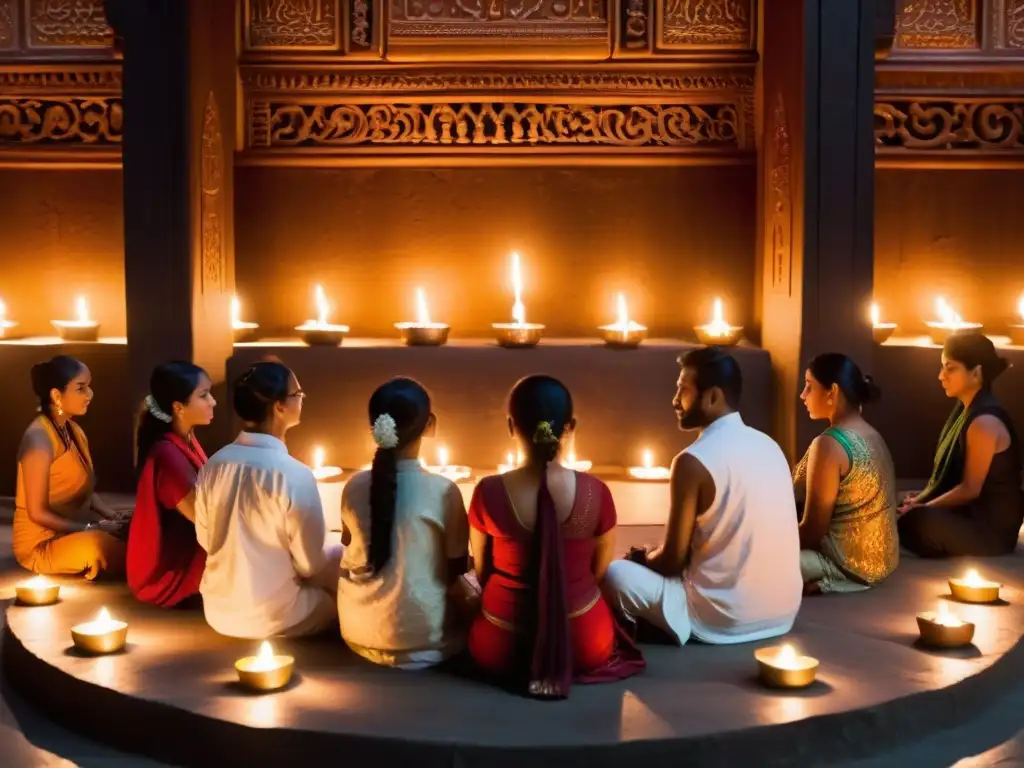 Un grupo de personas en un templo iluminado por velas, rezando y cantando mantras en un ritual sagrado