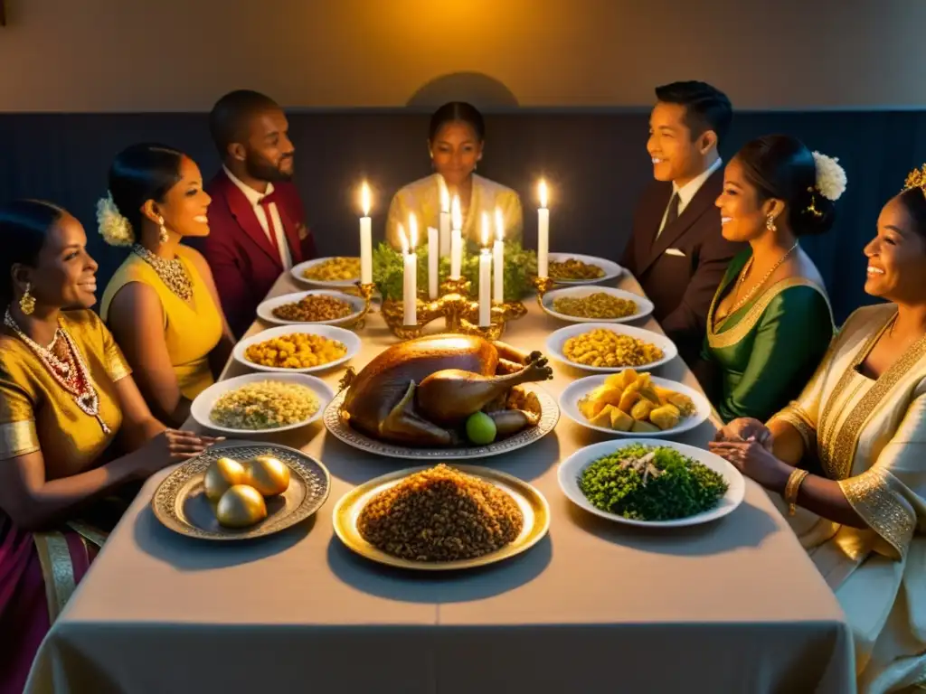 Un grupo de personas se reúne en torno a una mesa decorada en un ritual, con un ambiente solemne y comida variada