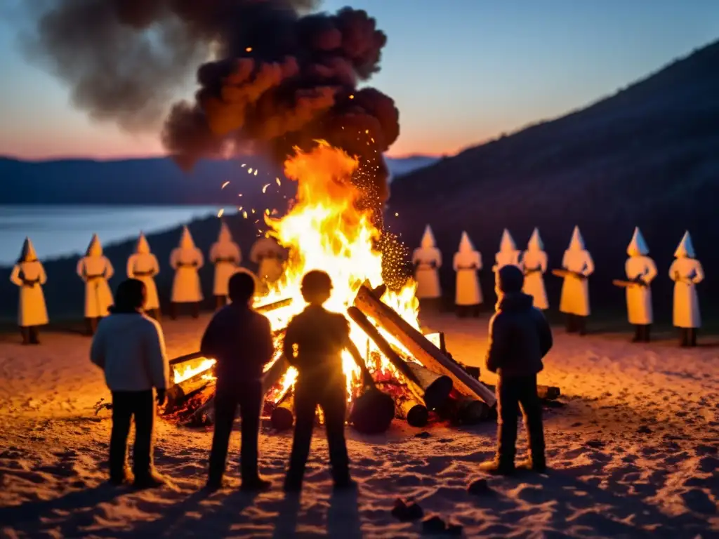 Grupo de personas celebrando la tradición de quema de muñecos en Año Nuevo alrededor de una fogata en la noche, con un ambiente festivo y misterioso