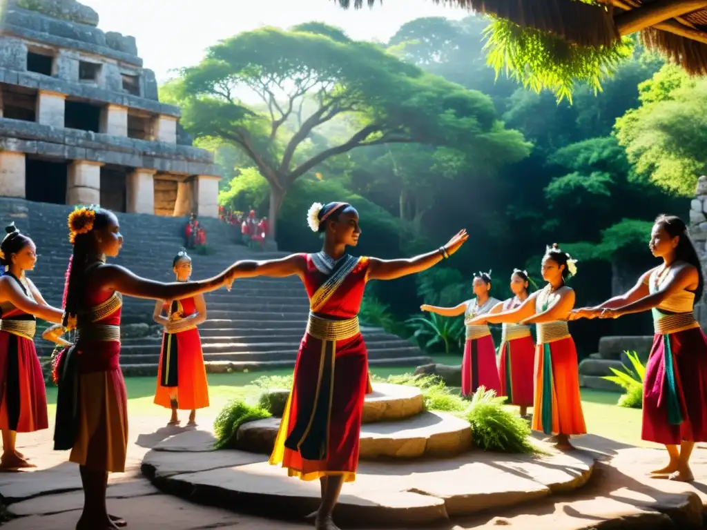 Un grupo de personas en trajes ceremoniales realizando una danza ritual en un entorno sagrado, entre ruinas antiguas y exuberante vegetación