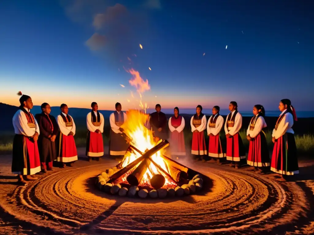 Un grupo de personas viste trajes ceremoniales tradicionales alrededor de una fogata, con sus rostros iluminados por el cálido resplandor