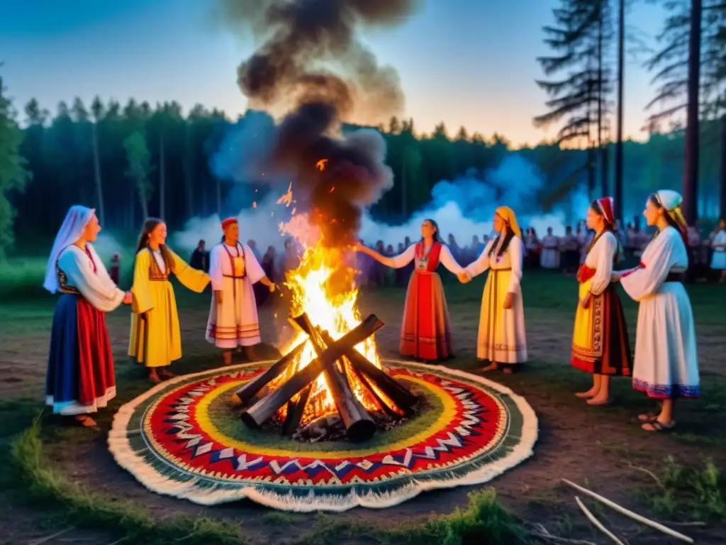 Grupo de personas en trajes eslavos de purificación bailando alrededor de una fogata en la noche de Ivan Kupala