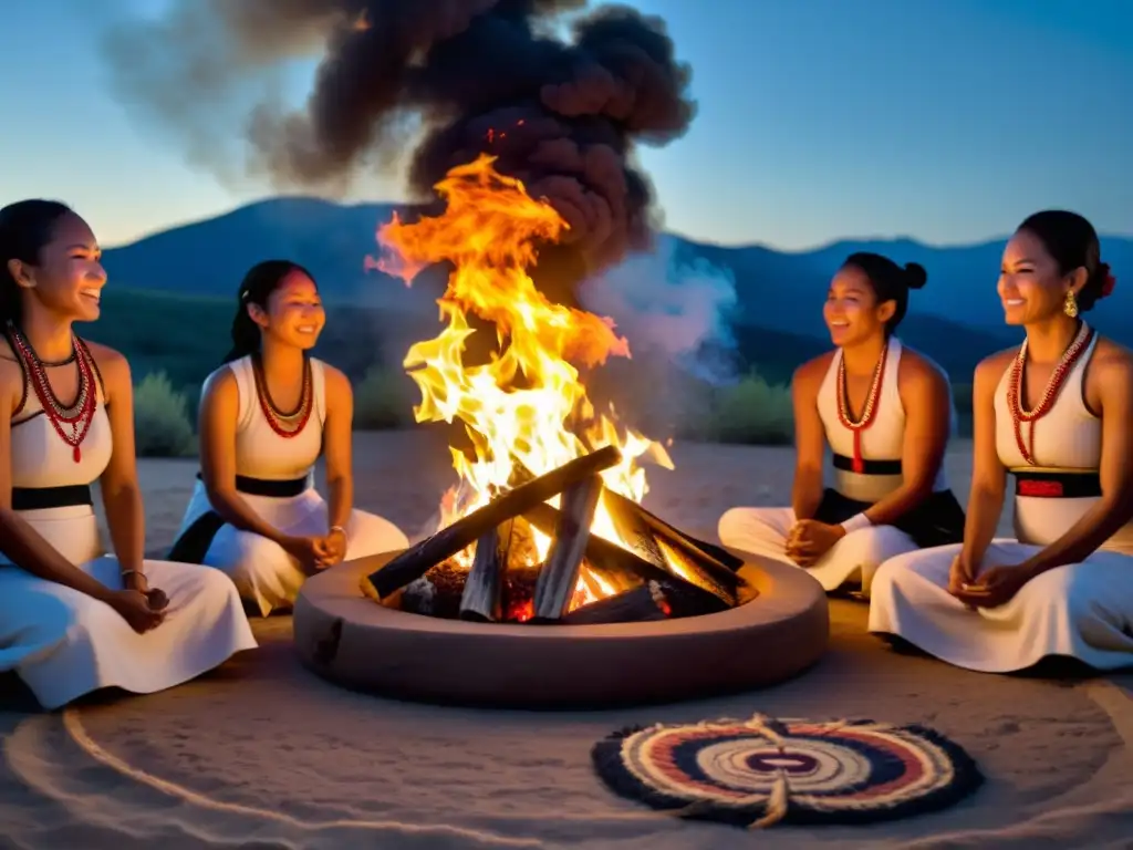 Un grupo de personas en trajes tradicionales realiza un ritual sagrado alrededor de un fuego central