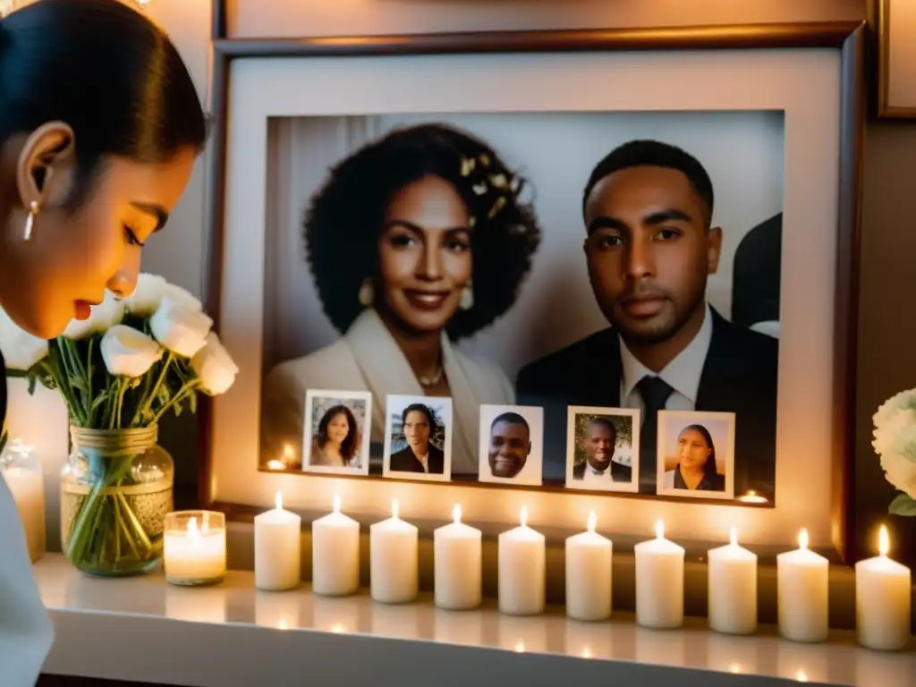 Un grupo de personas enciende velas y las coloca en un altar conmemorativo, rodeado de fotografías y recuerdos