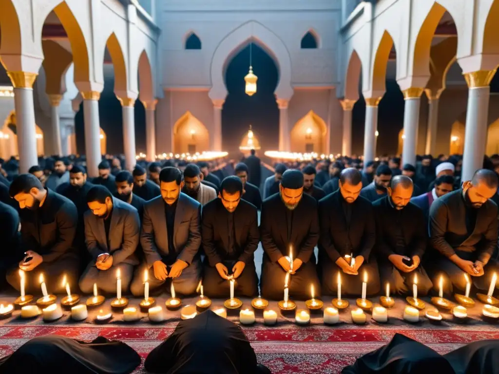 Un grupo de personas vestidas de negro en silencio solemne en una mezquita iluminada