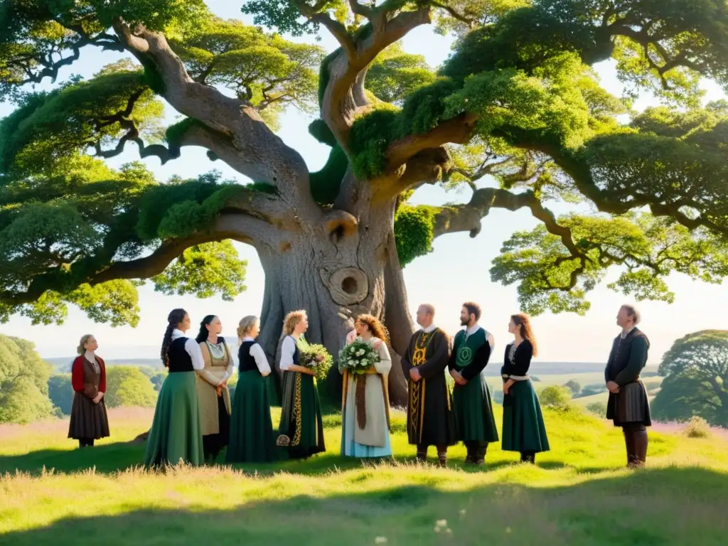 Un grupo de personas vestidas con trajes celtas se reúnen alrededor de un Árbol Sagrado en celebración, ofreciendo sus dones con reverencia