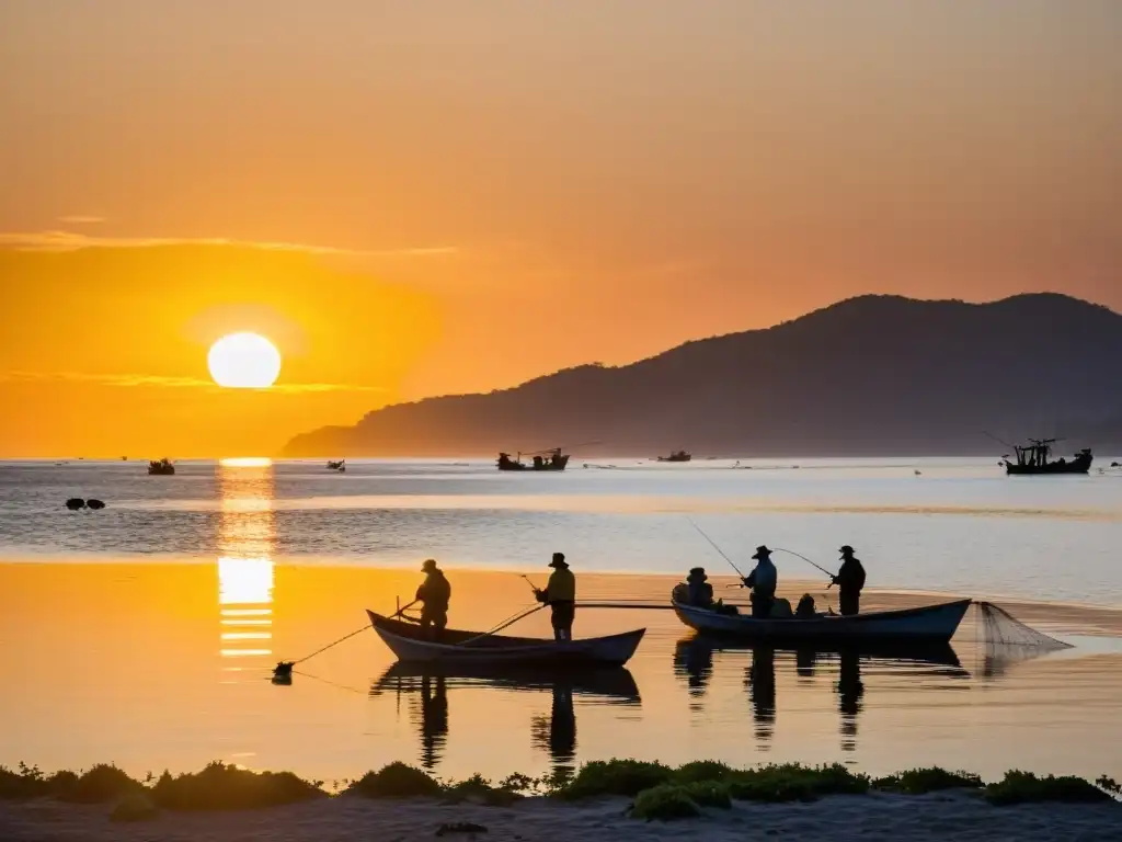 Un grupo de pescadores en el agua, lanzando sus redes al atardecer