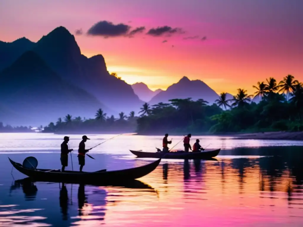 Grupo de pescadores indígenas al amanecer, preparando sus canoas y aparejos de pesca tradicionales en prácticas sostenibles de pesca, con un cielo naranja y rosa vibrante reflejado en el agua tranquila