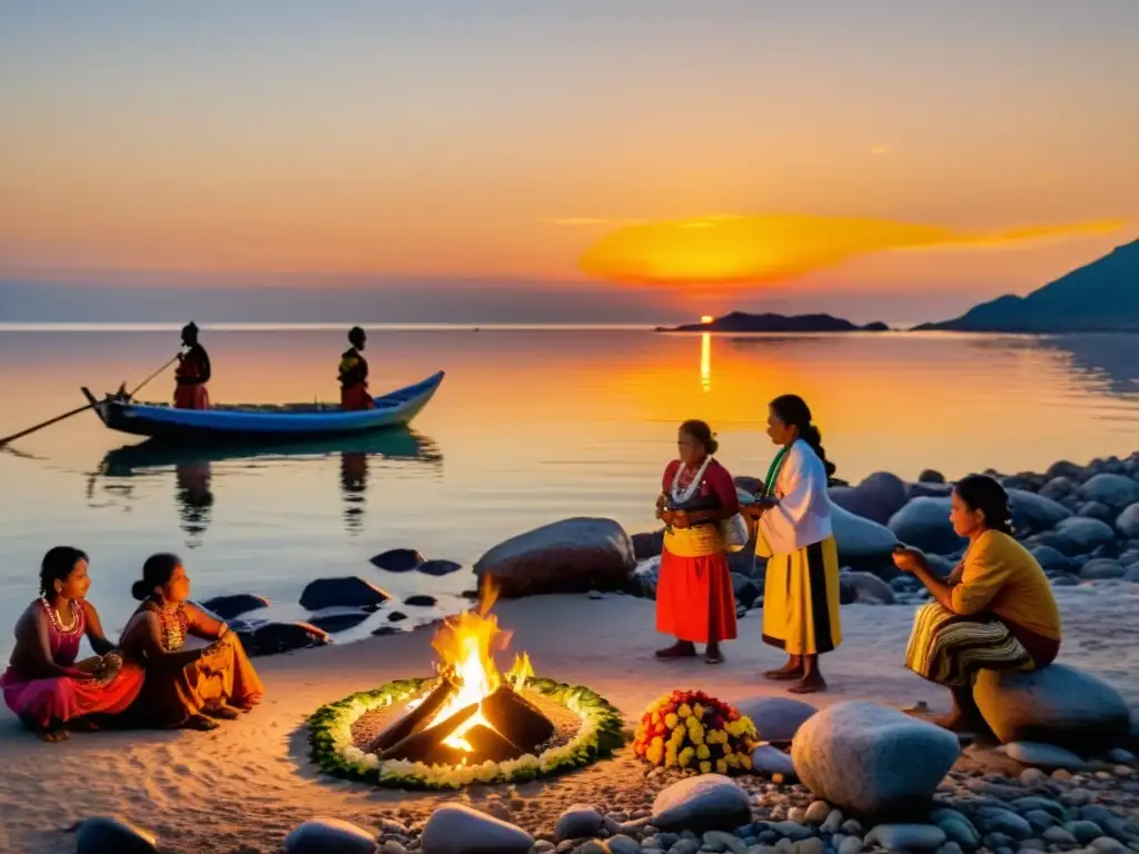 Grupo de pescadores indígenas realizando ritual costero al atardecer, con ofrendas y ambiente de respeto y conservación marina