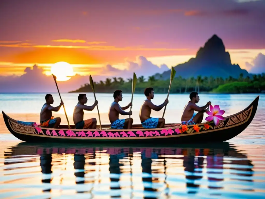 Grupo de pescadores polinesios navegando al amanecer en una canoa tradicional, reflejando rituales polinesios para navegación y pesca