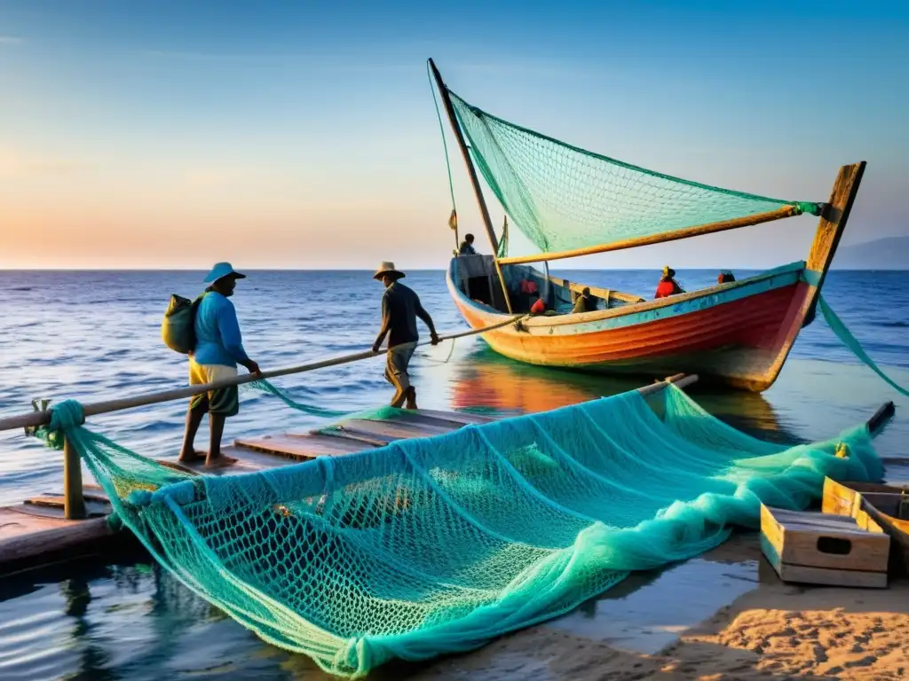 Un grupo de pescadores jala una red en un bote de madera pintoresco al atardecer