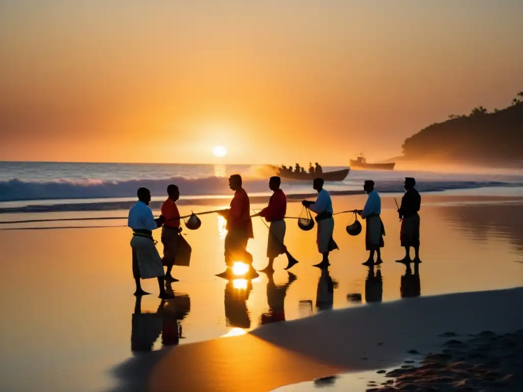 Grupo de pescadores realizando un ritual marítimo al amanecer en la playa, con una atmósfera de reverencia y tradición