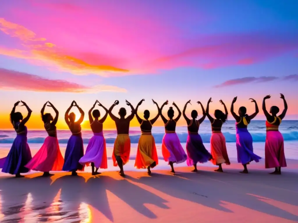 Grupo en la playa al atardecer, realizando movimientos rituales para conexión ser en un ambiente espiritual y místico