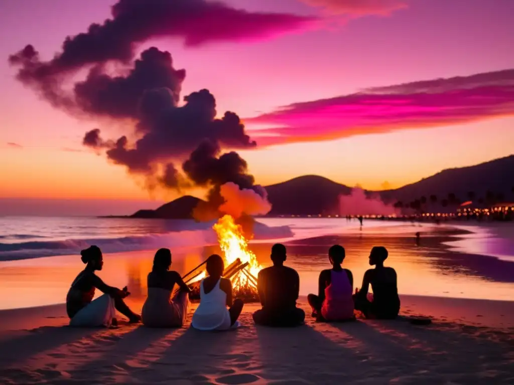 Grupo en la playa celebra rituales de Solsticio de Verano alrededor de fogata al atardecer, con el cielo naranja y rosa reflejado en el mar