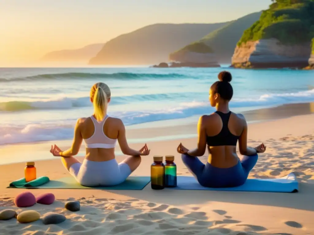 Un grupo practica yoga al amanecer en la playa, con suplementos marinos