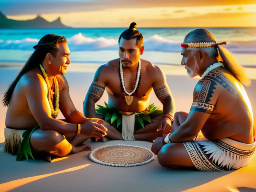 Grupo polinesio participando en un ritual sagrado al atardecer en la playa, mostrando tabúes en rituales polinesios