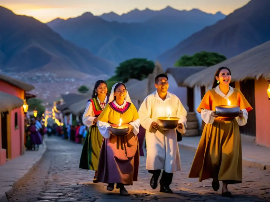 Un grupo celebra Las Posadas al atardecer en un pueblo, vistiendo trajes tradicionales y cantando con velas