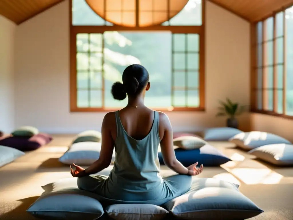 Grupo en práctica de meditación Vipassana, concentrados en quietud y serenidad en salón iluminado por luz natural