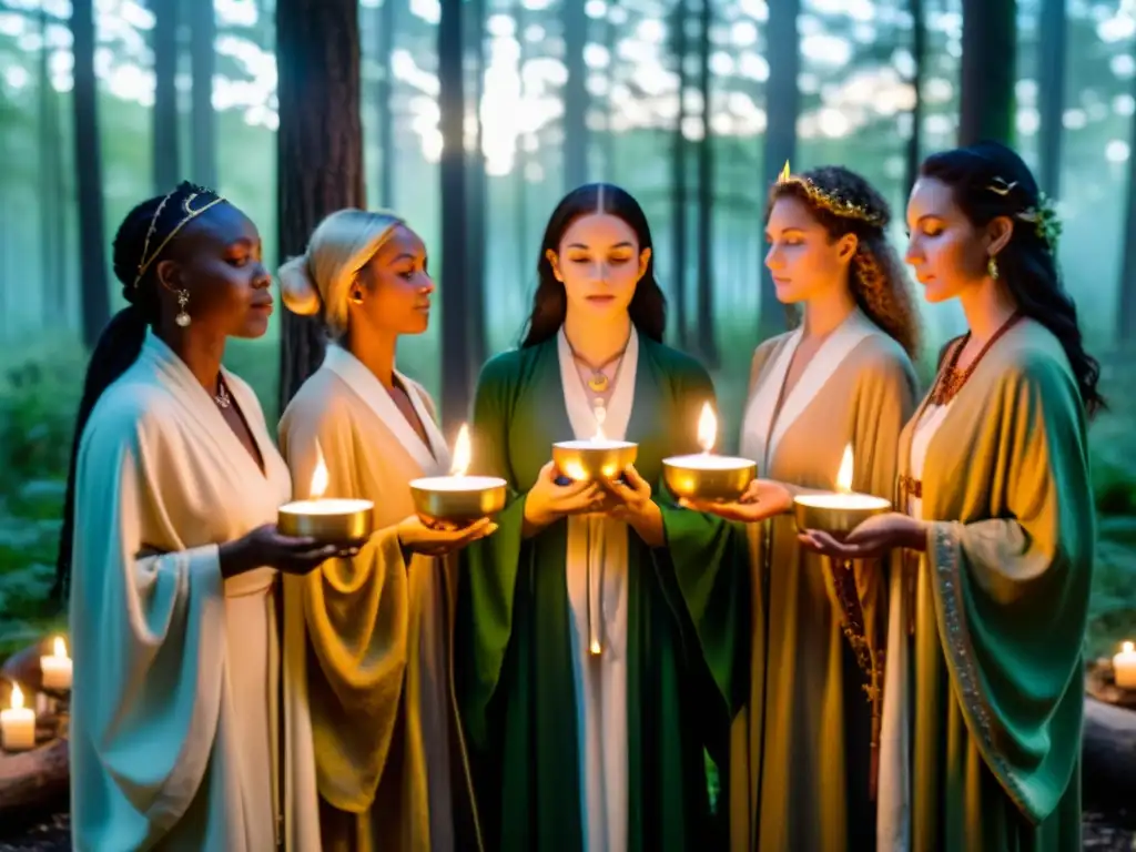 Grupo de practicantes de la religión Wicca en un círculo en el bosque, realizando rituales con velas y símbolos místicos