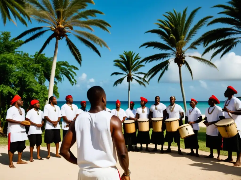 Un grupo de practicantes de vodú haitiano vestidos de blanco, reunidos en un círculo bajo palmeras altas