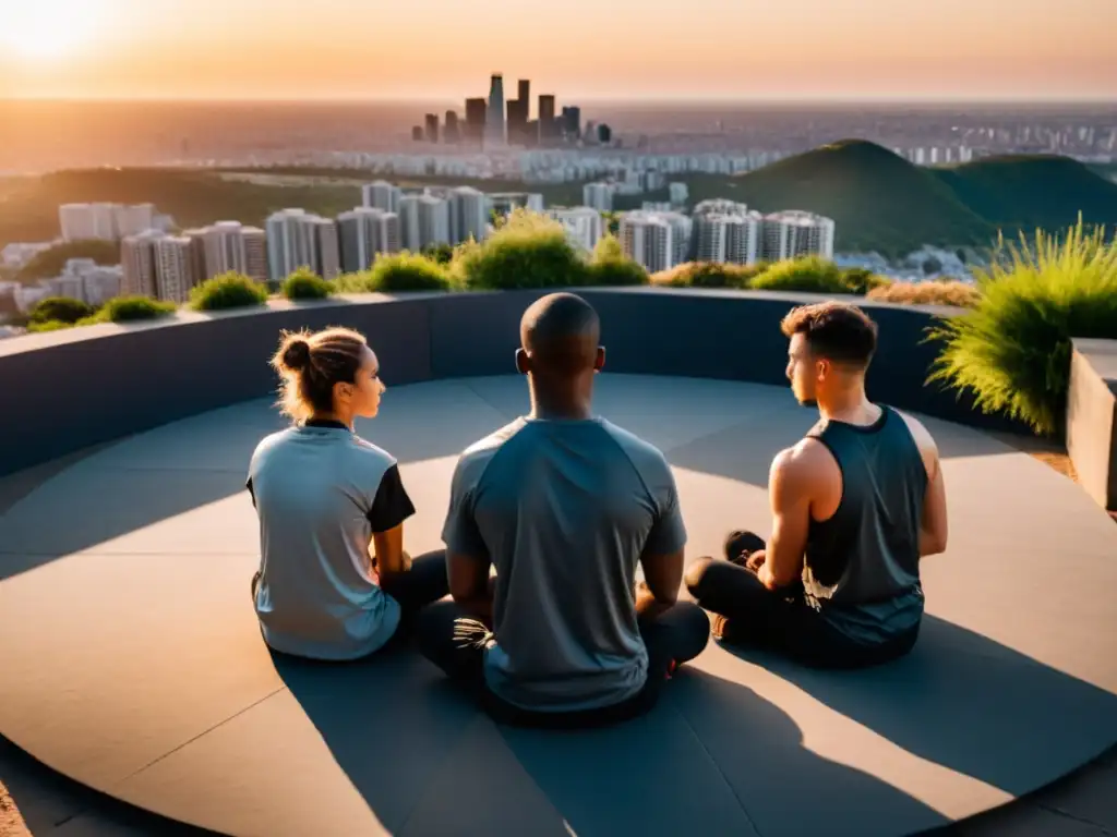 Grupo de practicantes de parkour en meditación, unidos en ritual de conexión espiritual antes del entrenamiento al atardecer