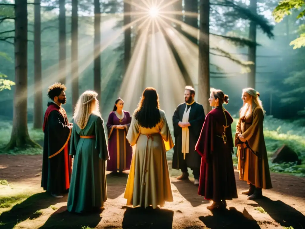 Un grupo de practicantes wiccanos celebra un Sabbat en el bosque, creando un círculo sagrado y realizando rituales