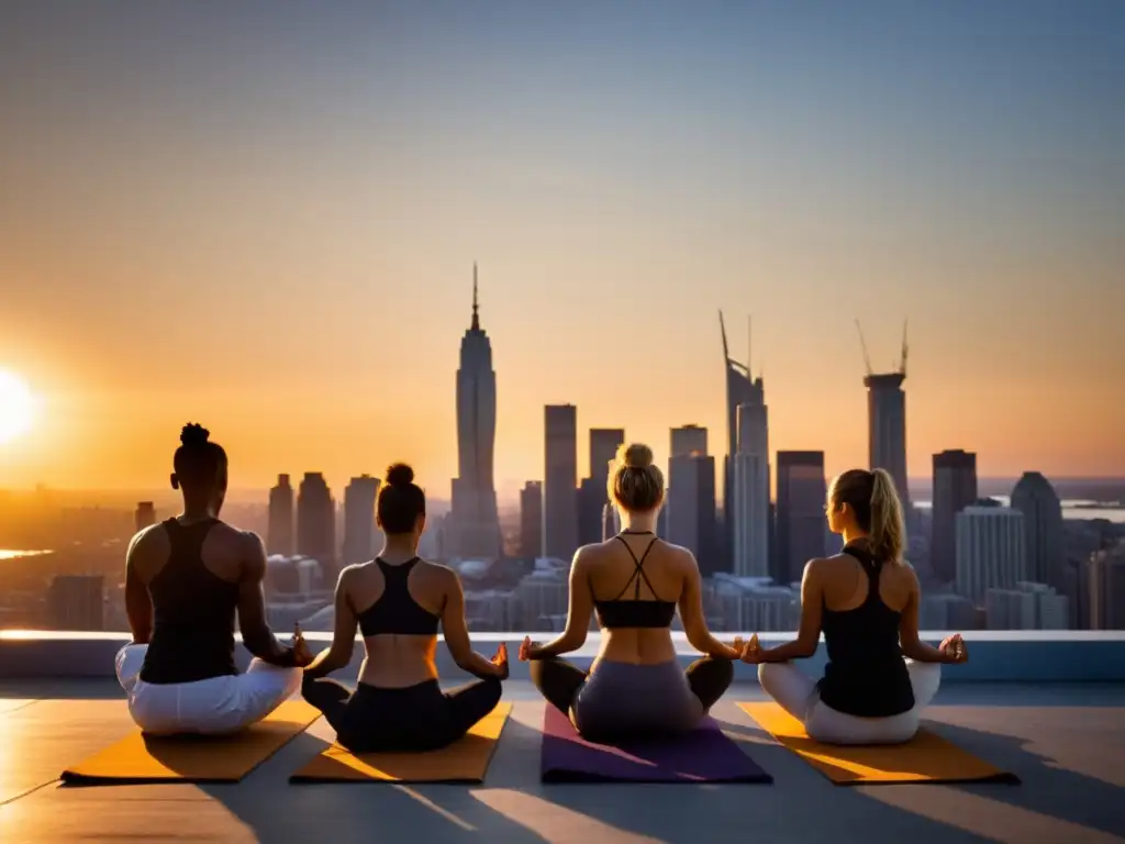 Un grupo de practicantes de yoga urbano en parques y azoteas realizando saludos al sol al atardecer, con la ciudad de fondo