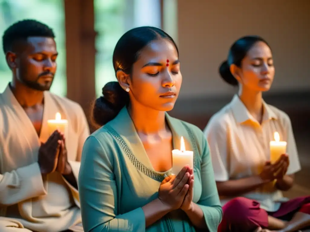 Grupo en prácticas rituales mantras oraciones, con velas iluminando la atmósfera introspectiva y serena