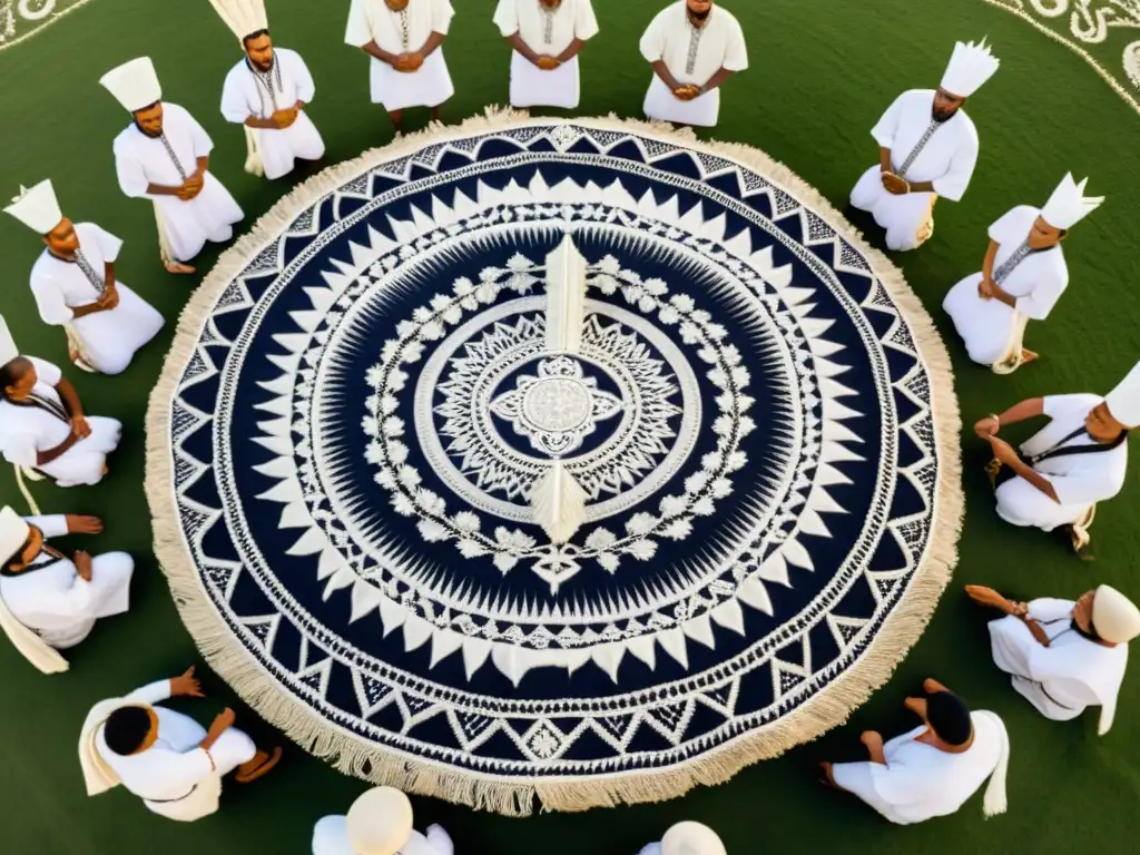 Grupo en prendas blancas rituales detalladas, resaltando la importancia del color en rituales espirituales