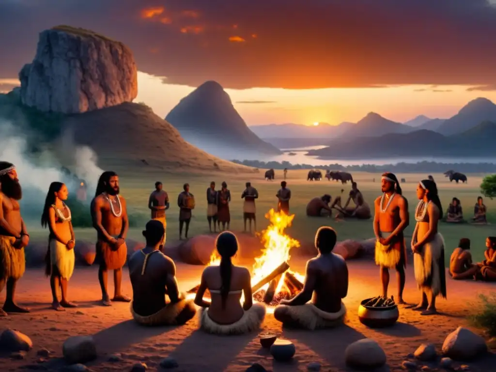 Grupo de primeros humanos en ritual alrededor del fuego en el origen de la psicología evolutiva de los rituales humanos